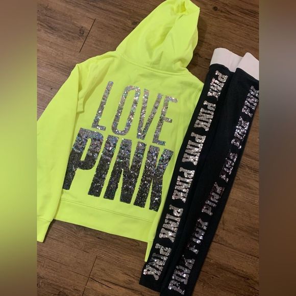 PINK VS NEON IRIDESCENT BLING HOODIE/ YOGA LEGGINGS PANTS OUTFIT M/S - Picture 2 of 11